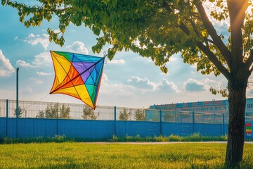 Colorful kite tangled in tree branches near school yard in bright sunlight Generative AI