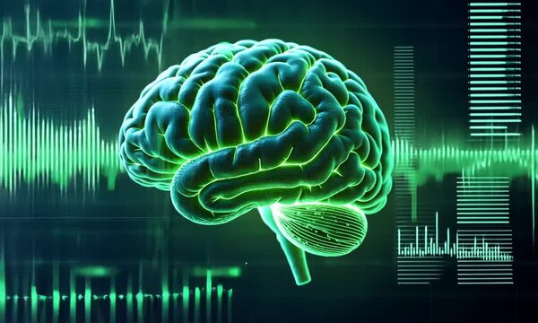 Human brain glowing in green	