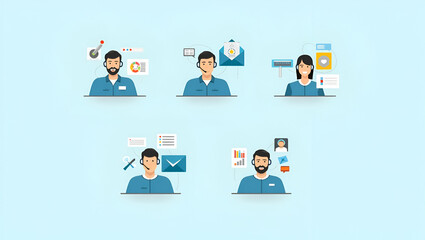 Flat Technical Support & Customer Service Concept: 24/7 Communication & Maintenance Icons for Business Technology Assistance - Cute Vector Illustration