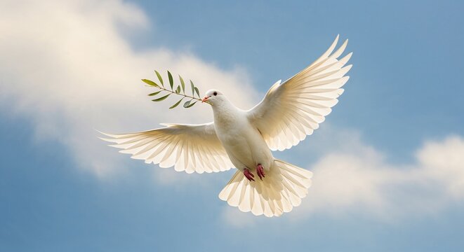 Flying White Dove with Olive Branch Against Blue Sky for Religious Celebrations, Peace Organization Websites, International Relations Media and Humanitarian Campaign Materials