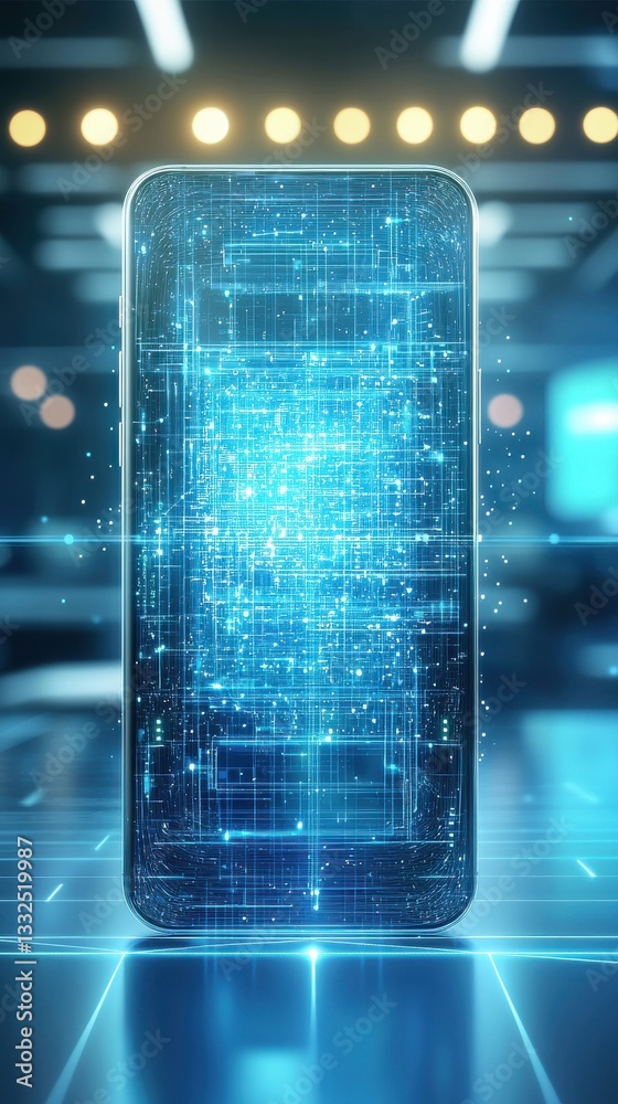 Poster futuristic smartphone with data visualization in high-tech background