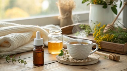 Amber Dropper Bottle with Honey and Herbal Tea on Wooden Table, Representing Natural Remedies and Relaxation