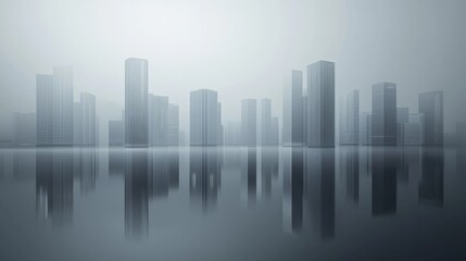 Obraz premium Foggy city skyline with reflective water surface.