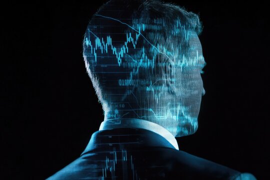 A man's silhouette overlaid with glowing stock market data, symbolizing financial intelligence and technological integration.