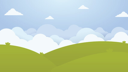 Fototapeta premium scenic cartoon background featuring a bright sky, fluffy clouds, and green hills, perfect for creative designs and nature-inspired projects.