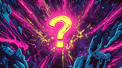 Glowing Yellow Question Mark on a Psychedelic Pink and Blue Pixelated Abstract Background with Burst of Neon Light