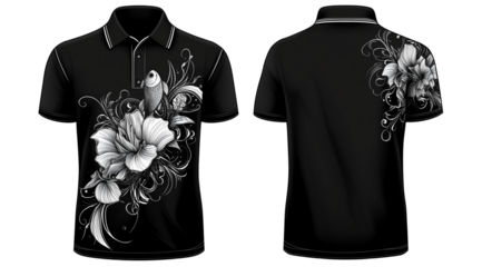 Black Polo Shirt Design - Front and Back Mockup with Tattoo Style Flowers, Black Polo Shirt with Tattoo Floral Art, Custom Mockup Design, on a transparent backgrounds