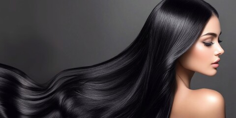 Brunette beautiful woman with long shiny silky black hair for advertising banner.Macro.AI Generative.