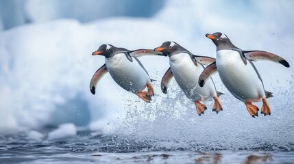 Fototapeta premium Playful penguins diving icy waters gigapixel photography arctic environment above water fun and adventure