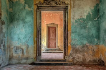 Decaying elegance of an abandoned room with colorful walls and an inviting doorway