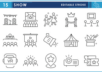 A set of line icons related to Show. Circus, concert, show, VIP, speech, dance, and so on. Vector editable stroke.