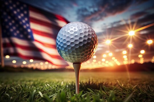 USA Flag Golf Ball on Tee, Indoor Golf Stadium, Patriotic Holidays