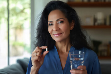 Portrait of middle age Hispanic woman taking medicine or supplement with glass of water, healthy lifestyle