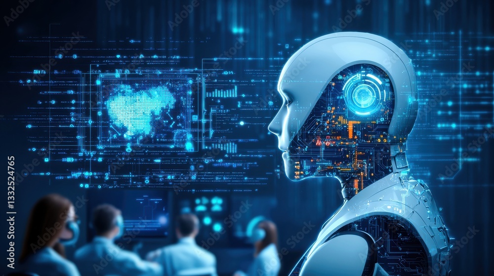 Poster futuristic robot with digital interface in an advanced technology setting