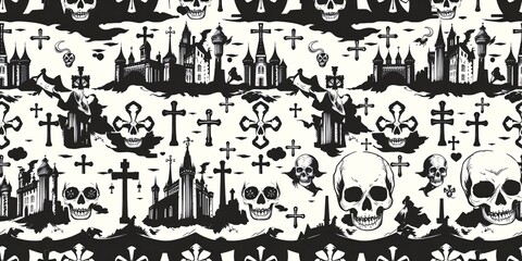 Obraz premium Gothic Woodcut Pattern - Black and White Seamless Design Featuring Castles, Crosses, and Skulls