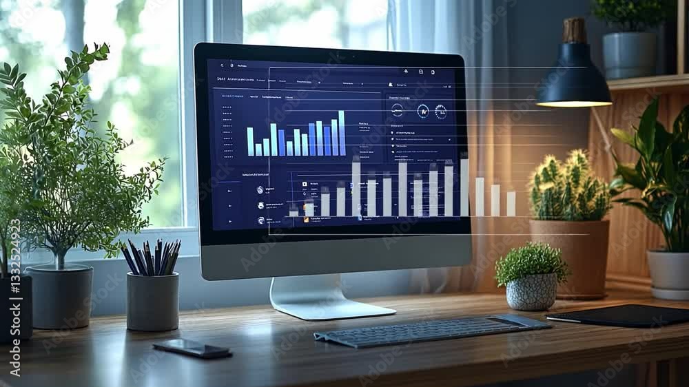 Wall mural a modern workspace featuring a sleek computer displaying analytics in a well-lit home office