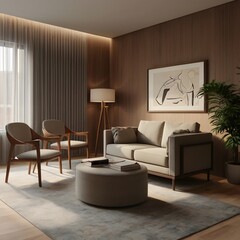 A hyper-realistic AI-generated interior design of a psychologist's consultation room. Two chairs, warm lighting, and minimalist decor create a professional yet calming atmosphere.