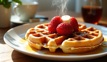 Golden Waffle with Fresh Strawberries and Maple Syrup