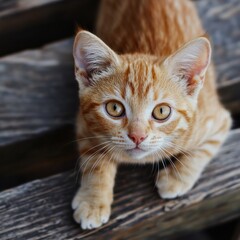 Playful ginger kitten exploring wooden planks in a sunny outdoor setting during the afternoon