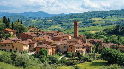 Obraz premium Charming italian village with tower amidst rolling hills and lush landscape