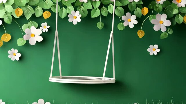Swing made of flowers in paper vector style on a green background.