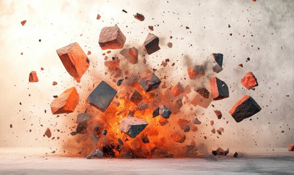 Brick wall explosion with fire and smoke on a gray floor, ideal for destruction themes