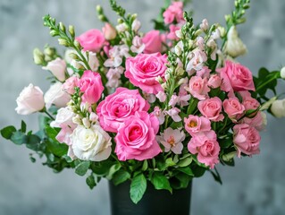 Beautiful arrangement of pink and white roses with delicate flowers in a lush bouquet on a soft gray background for decorative purposes