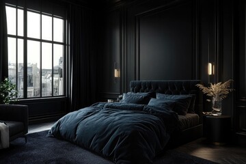 Moody dark bedroom with black walls, velvet bedding, and dramatic lighting