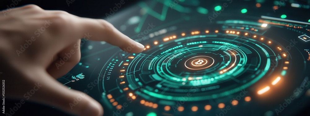 Poster futuristic user interface with hand interacting with digital elements