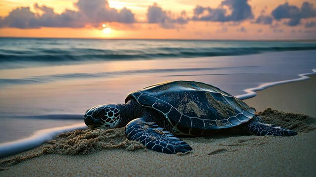 A black leatherback sea turtle is lying on the beach, ocean waves lapping behind it. V2