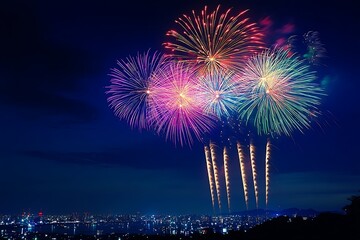 Amazing Fireworks over Metropolis City at Night