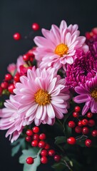 Fototapeta premium Beautiful arrangement of pink daisies, vibrant chrysanthemums, and red berries on a dark background, perfect for floral decor and design inspiration