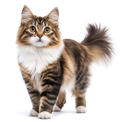 Beautiful Siberian cat with thick fluffy fur and bushy tail standing against a white background, gazing curiously with bright expressive eyes, ideal for pet lovers and feline themed designs.