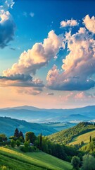 Fototapeta premium Scenic Tuscany Landscape: Rolling Hills, Green Fields, and Majestic Clouds Under a Bright Blue Sky at Sunset.