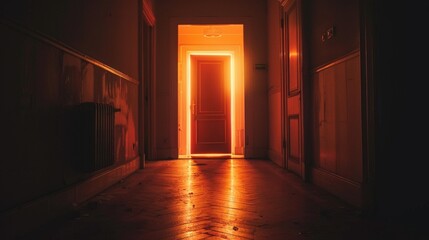 Spooky Hallway With Red Glow From Open Door in Mysterious House