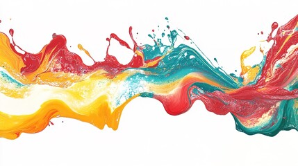 A fluid paint splash composition with vibrant hues of red, yellow, and teal blending together in an organic swirling motion, resembling an artistic acrylic pour, cutout isolate white background