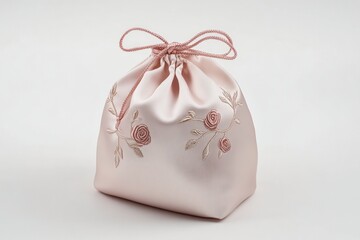 Pink silk pouch with embroidered roses designed for elegant storage Generative AI