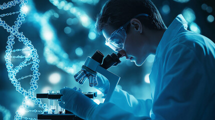 A scientist conducts biotechnology research under a microscope, with an overlay of DNA strands and molecular structures symbolizing genetic engineering