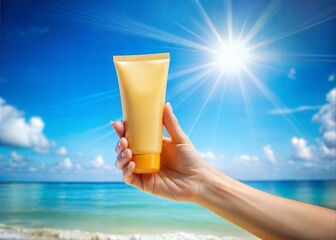 Hand Holding Sunscreen with Bright and Clean Packaging