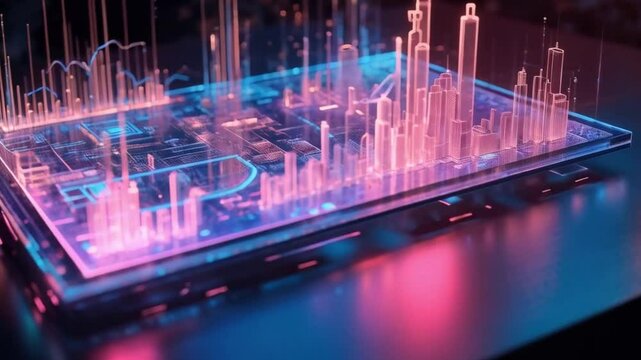 8K ultra-HD hepta-color hologram showcasing an AI-driven business dashboard with pulsating graphs, neural networks, and a 3D logo, glowing vibrantly.







