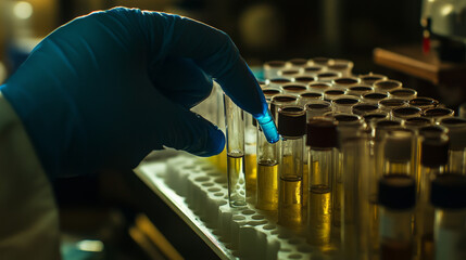 A scientist wearing blue gloves handles test tubes filled with a light-blue liquid, transferring samples for laboratory analysis