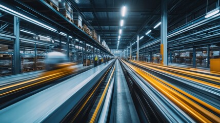 Fototapeta premium High-speed motion in modern warehouse with blurred delivery carts