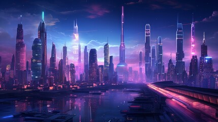 Fototapeta premium Futuristic cyberpunk cityscape illustration. A neon-lit digital city with a high-tech, sci-fi vibe