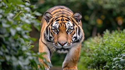 A tiger stares directly into the camera, illuminated by warm golden light, capturing the intensity of nature's beauty