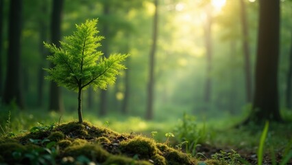 Fototapeta premium Small tree is growing in the forest. The tree is surrounded by moss and is growing on a hill. Concept of growth and life in nature