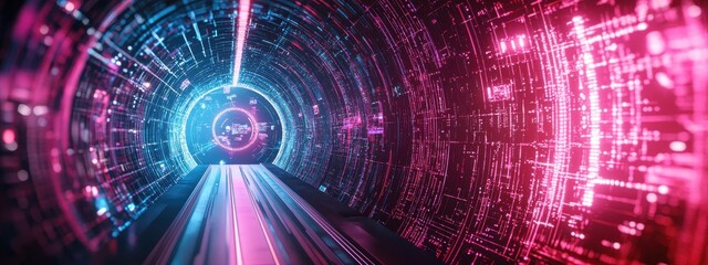Fototapeta premium Futuristic Digital Tunnel with Neon Lights and Data Streams