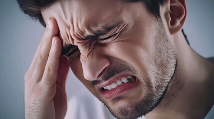 Fototapeta premium A man experiencing pain holds his head in distress