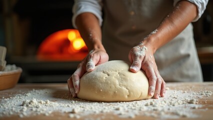 Person is making bread dough on a table. The dough is in the middle of the table and the person is using their hands to shape it