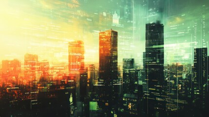 Obraz premium Abstract cityscape with layered digital elements and a sunset glow.