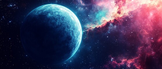 A blue and white planet is surrounded by a colorful nebula